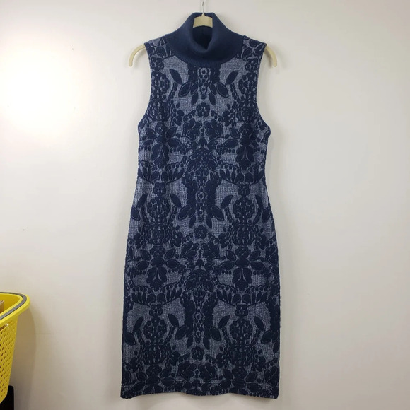 Maeve Anthropology Midi Sweater Dress Sz 8P Ryder Jacquard Turtleneck Navy Blue - Picture 4 of 12